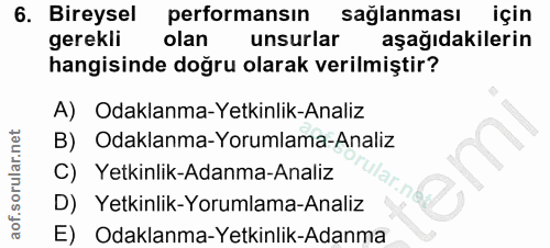 6. soru: Bireysel performansın saglanması için gerekli olan unsurlar aşağıdakilerin hangisinde doğru olarak verilmiştir? A) Od…
