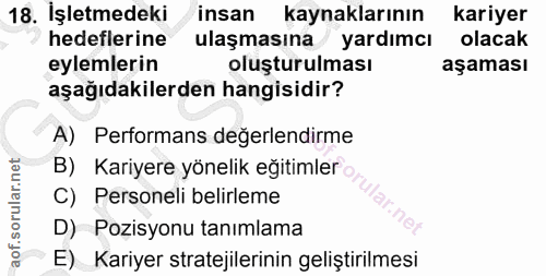 18. soru: İşletmedeki insan kaynaklarının kariyer hedeflerine ulaşmasına/ yardımcı olacak eylemlerin oluşturulması aşaması aşağ…
