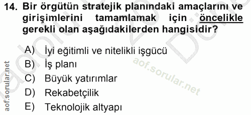 14. soru: Bir örgütün stratejik planındaki amaçlarını ve girişimlerini tamamlamak için öncelikle gerekli olan aşağıdakilerden h…