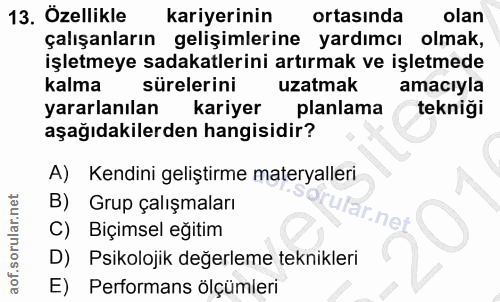 13. soru: Ozellikle kariyerinin ortasında olan çalışanların gelişimlerine yardımcı olmak, işletmeye sadakatlerini artırmak ve i…