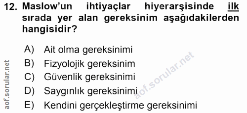 12. soru: Maslow'un ihtiyaçlar hiyerarşisinde ilk sırada yer alan gereksinim aşağıdakilerden hangisidir? A) Ait olma gereksinim…