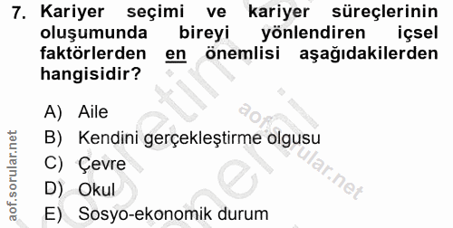 7. soru: Kariyer seçimi ve kariyer süreçlerinin oluşumunda bireyi yönlendiren içsel faktörlerden en önemlisi aşağıdakilerden h…