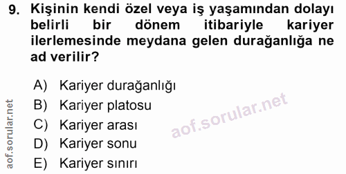 9. soru: Kişinin kendi özel veya iş yaşamından dolayı belirli bir dönem itibariyle kariyer ilerlemesinde meydana gelen durağan…
