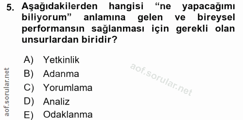 5. soru: Aşağıdakilerden hangisi "ne yapacağımı biliyorum" anlamına gelen ve bireysel performansın sağlanması için gerekli ola…