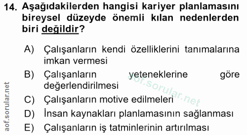 14. soru: Aşağıdakilerden hangisi kariyer planlamasını bireysel düzeyde önemli kılan nedenlerden biri değildir? A) Çalışanların…