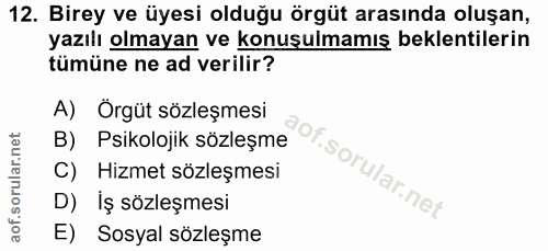 12. soru: Birey ve üyesi olduğu örgüt arasında oluşan, yazılı olmayan ve konuşulmamış beklentilerin tümüne ne ad verilir? A) Ör…