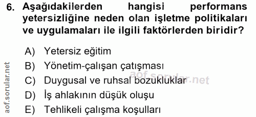 6. soru: Aşağıdakilerden hangisi performans yetersizliğine neden olan işletme politikaları ve uygulamaları ile ilgili faktörle…