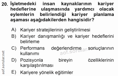 20. soru: İşletmedeki insan kaynaklarının kariyer hedeflerine ulaşmasında yardımcı olacak eylemlerin belirlendiği kariyer planl…