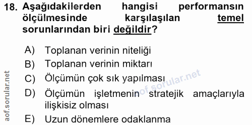 18. soru: Aşağıdakilerden hangisi performansın ölçülmesinde karşılaşılan temel sorunlarından biri değildir? A) Toplanan verinin…