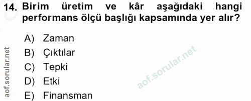 14. soru: Birim üretim ve kår aşağıdaki hangi performans ölçü başlığı kapsamında yer alır? A) Zaman B) Çıktılar C) Tepki D) Etk…