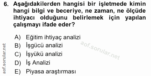 6. soru: Aşağıdakilerden hangisi bir işletmede kimin hangi bilgi ve beceriye, ne zaman, ne olçüde ihtiyacı olduğunu belirlemek…