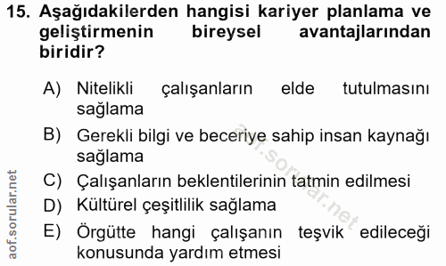 15. soru: Aşağıdakilerden hangisi kariyer planlama ve geliştirmenin bireysel avantajlarından biridir? A) Nitelikli çalışanların…