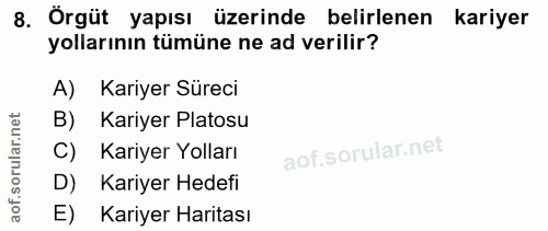 8. soru: Örgüt yapısı üzerinde belirlenen kariyer yollarının tümüne ne ad verilir? A) Kariyer Süreci B) Kariyer Platosu C) Kar…