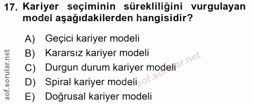 17. soru: Kariyer seçiminin sürekliliğini vurgulayan model aşağıdakilerden hangisidir? A) Geçici kariyer modeli C) Durgun durum…