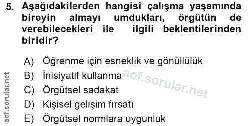 5. soru: Aşağıdakilerden hangisi çalışma yaşamında bireyin almayı umdukları, örgütün de verebilecekleri ile ilgili beklentiler…