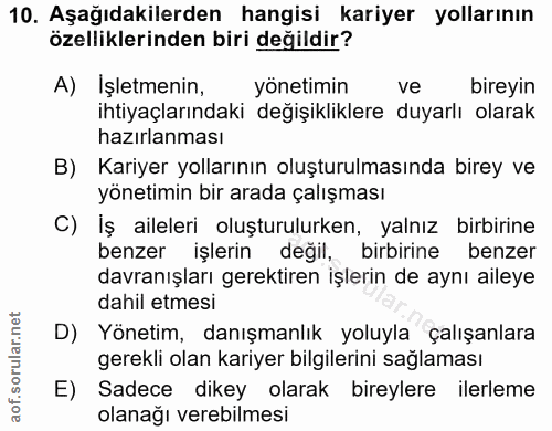 10. soru: Aşağıdakilerden hangisi kariyer yollarının özelliklerinden biri değildir? A) İşletmenin, yönetimin ve bireyin ihtiyaç…