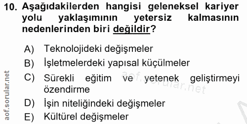 10. soru: Aşağıdakilerden hangisi geleneksel kariyer yolu yaklaşımının yetersiz kalmasının nedenlerinden biri değildir? A) Tekn…