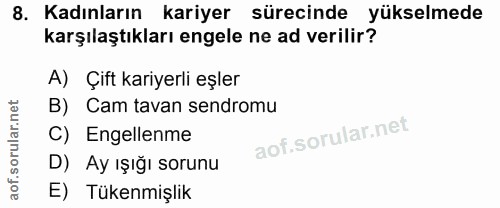 8. soru: Kadınların kariyer sürecinde yükselmede karşılaştıkları engele ne ad verilir? A) Çift kariyerli eşler B) Cam tavan se…