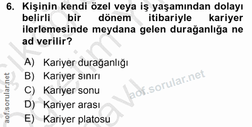 6. soru: Kişinin kendi özel veya iş yaşamından dolayı belirli bir dönem itibariyle kariyer ilerlemesinde meydana gelen durağan…