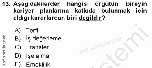 13. soru: Aşağıdakilerden hangisi örgütün, bireyin kariyer planlarına katkıda bulunmak için aldığı kararlardan biri değildir? A…