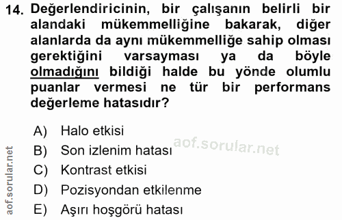 14. soru: Değerlendiricinin, bir çalışanın belirli bir alandaki mükemmelliğine bakarak, diger alanlarda da aynı mükemmelliğe sa…