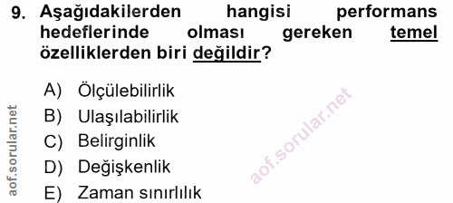9. soru: Aşağıdakilerden hangisi performans hedeflerinde olması gereken temel özelliklerden biri değildir? A) Ölçülebilirlik B…