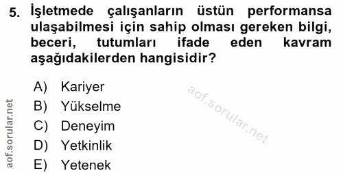 5. soru: İşletmede çalışanların üstün performansa ulaşabilmesi için sahip olması gereken bilgi, beceri, tutumları ifade eden k…