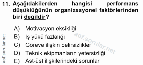 11. soru: Aşağıdakilerden hangisi performans düşüklüğünün organizasyonel faktörlerinden biri değildir? A) Motivasyon eksikliği…