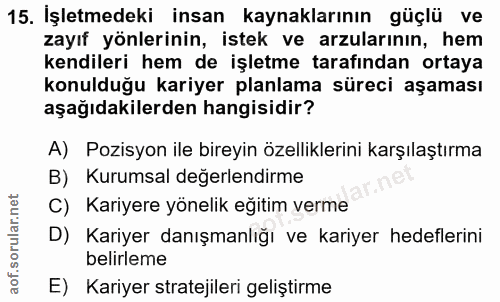 15. soru: İşletmedeki insan kaynaklarının güçlü ve zayıf yönlerinin, istek ve arzularının, hem kendileri hem de işletme tarafın…