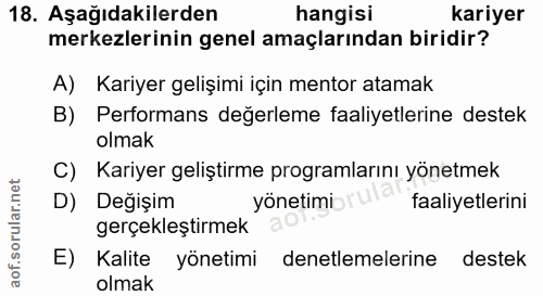 18. soru: Aşağıdakilerden hangisi kariyer merkezlerinin genel amaçlarından biridir? A) Kariyer gelişimi için mentor atamak B) P…