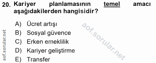 20. soru: Kariyer planlamasının temel amaci aşağıdakilerden hangisidir? A) Ucret artışı B) Sosyal güvence C) Erken emeklilik D)…