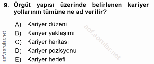 9. soru: Örgüt yapısı üzerinde belirlenen kariyer yollarının tümüne ne ad verilir? A) Kariyer düzeni B) Kariyer yaklaşımı C) K…