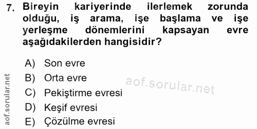 7. soru: Bireyin kariyerinde ilerlemek zorunda oldugu, iş arama, işe başlama ve işe yerleşme dönemlerini kapsayan evre aşağıda…