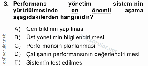 3. soru: Performans yönetim sisteminin yürütülmesinde en önemli aşama aşağıdakilerden hangisidir? A) Geri bildirim yapılması B…