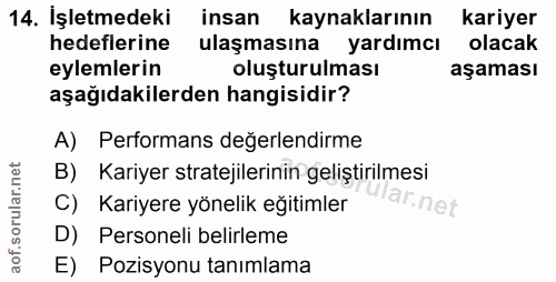14. soru: İşletmedeki insan kaynaklarının kariyer hedeflerine ulaşmaşına yardımal olacak eylemlerin oluşturulması aşaması aşağı…