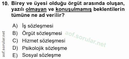 10. soru: Birey ve üyesi olduğu örgüt arasında oluşan, yazılı olmayan ve konuşulmamış beklentilerin tümüne ne ad verilir? B) Or…