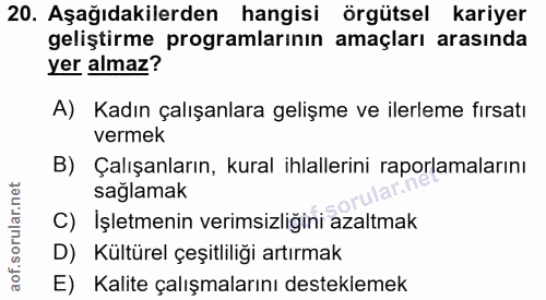 20. soru: Aşağıdakilerden hangisi örgütsel kariyer geliştirme programlarının amaçları arasında yer almaz? A) Kadın çalışanlara…