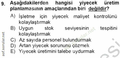 9. soru: Aşağıdakilerden hangisi yiyecek üretim planlamasının amaçlarından biri değildir? A) İşletme için yiyecek maliyet kont…