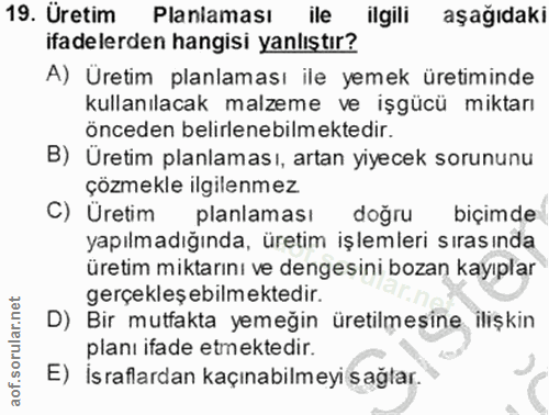 19. soru: Üretim Planlaması ile ilgili aşağıdaki ifa delerden hangisi yanlıştır? A) Üretim planlaması ile yemek üretiminde kull…