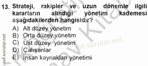 13. soru: Strateji, rakipler ve, uzun dönemle ilgili kararların alındığı yönetim kademesi aşağıdakilerden hangisidir? A) Alt dü…