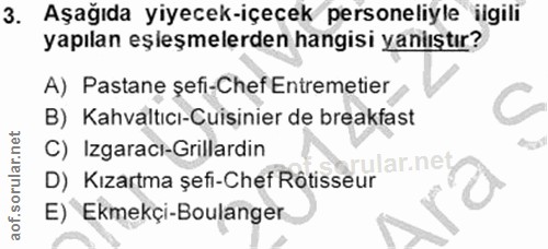 3. soru: Aşağıda yiyecek-içecek personeliyle ilgili yapılan eşleşmelerden hangisi yanlıştır? A) Pastane şefi-Chef Entremetier…