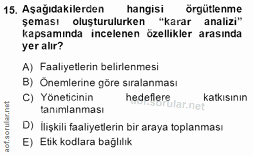 15. soru: Aşağıdakilerden hangisi örgütlenme şeması oluşturulurken "karar analizi" kapsamında incelenen özellikler arasında yer…