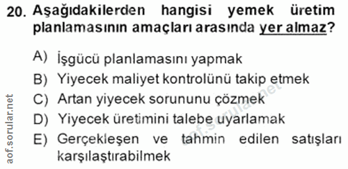 20. soru: Aşağıdakilerden hangisi yemek üretim planlamasının amaçları arasında yer almaz? A) İşgücü planlamasını yapmak B) Yiye…