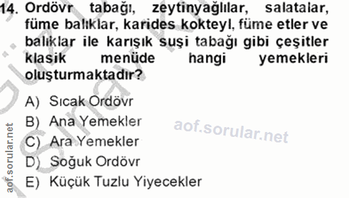 14. soru: Ordövr 14. Ordövr tabağı, zeytinyağlılar, salatalar, füme balıklar, karides kokteyl, füme etler ve balıklar ile karış…