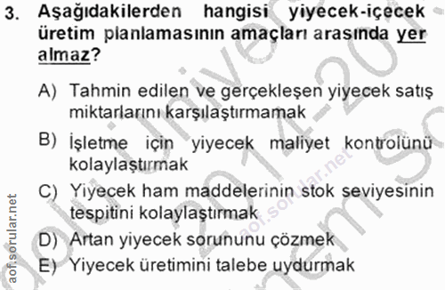 3. soru: Aşağıdakilerden hangisi yiyecek-içecek üretim planlamasının amaçları arasında yer almaz? A) Tahmin edilen ve gerçekle…