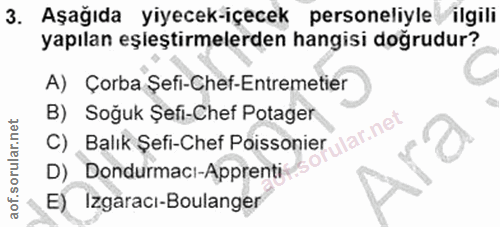 3. soru: Aşağıda yiyecek-içecek personeliyle/ilgili yapılan eşleştirmelerden hangisi doğrudur? A) Çorba Şefi-Chef-Entremetier…