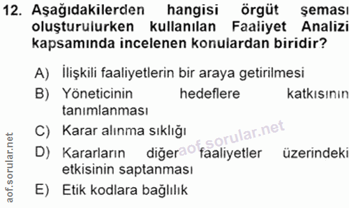 12. soru: Aşağıdakilerden hangisi örgüt şeması oluşturulurken kullanılan Faaliyet Analizi kapsamında incelenen konulardan birid…