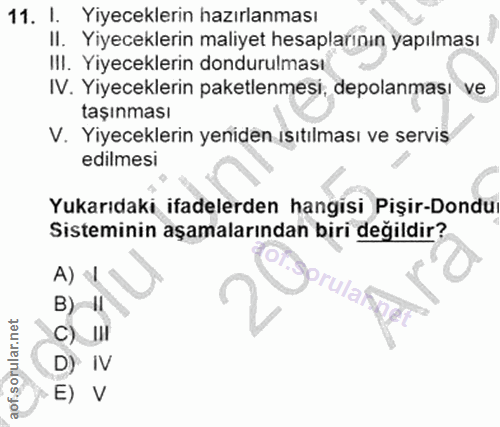 11. soru: I. Yiyeceklerin hazırlanması II. Yiyeceklerin maliyet hesaplarının yapılması III. Yiyeceklerin dondurulması IV. Yiyec…