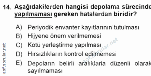 14. soru: Aşağıdakilerden hangisi depolama sürecinde yapılmaması gereken hatalardan biridir? A) Periyodik envanter kayıtlarının…