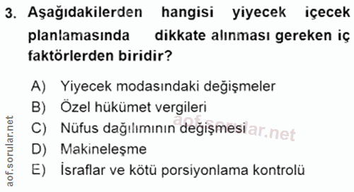 3. soru: Aşağıdakilerden hangisi yiyecek içecek planlamasında dikkate alınması gereken iç faktörlerden biridir? A) Yiyecek mod…